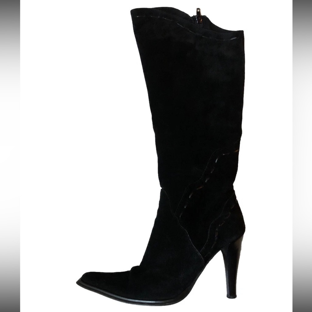 Black Suede Knee High Boot Cowboy High Heel Lavorazione Artigiana 39 Italy Y2k